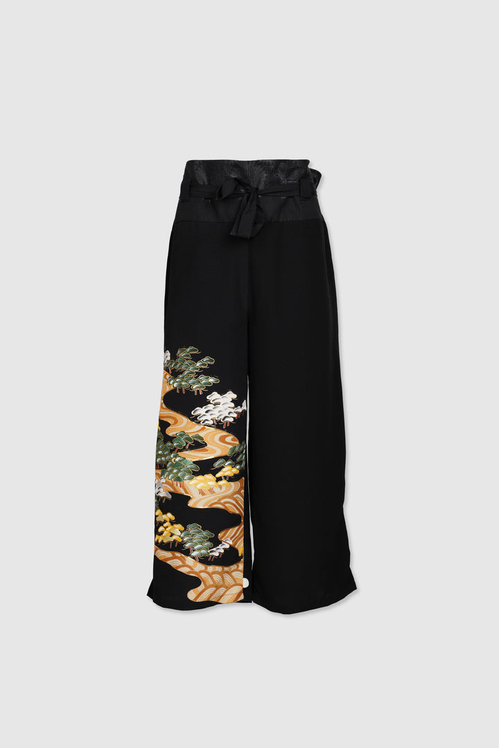 Palazzo Paperbag Waist Silk Trousers With Designs of Trees and Other Japanese Motifs