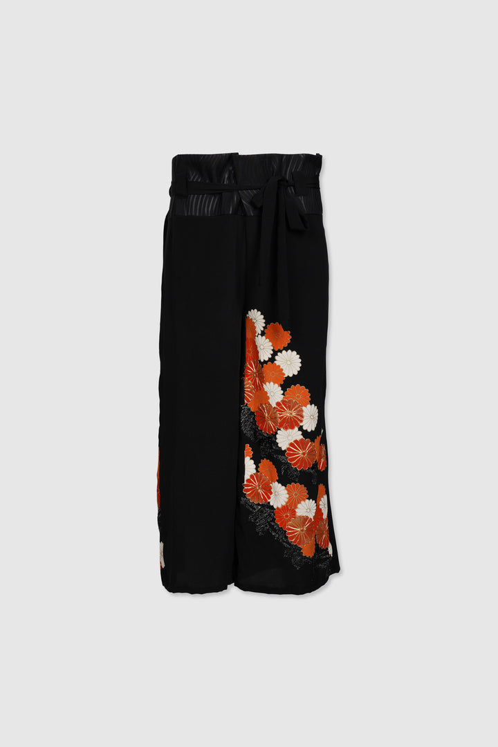 Palazzo Paperbag Waist Silk Trousers With Floral Motifs