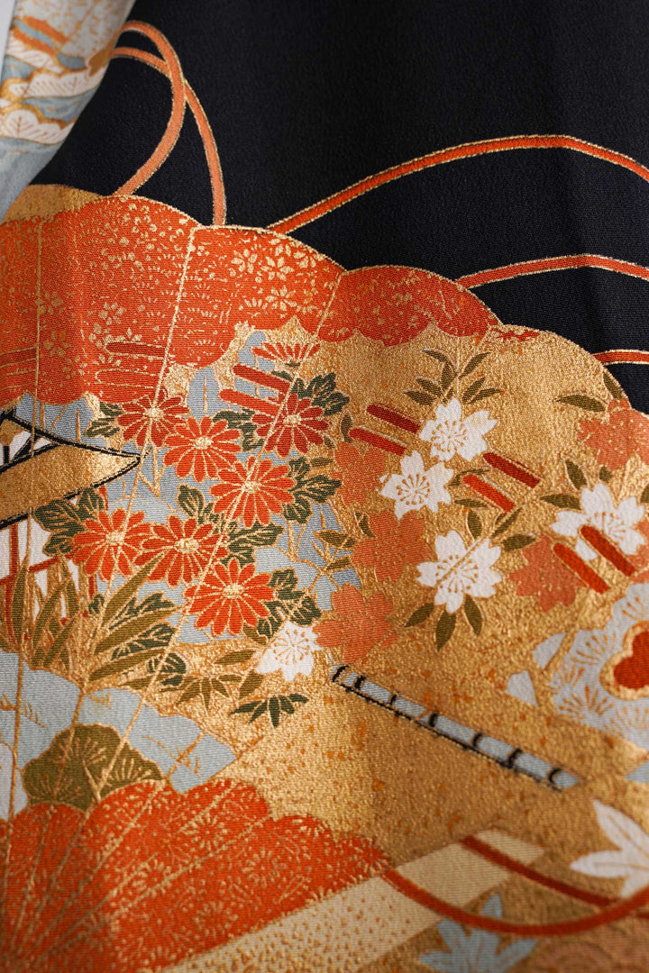 Palazzo Paperbag Waist Silk Trousers With Various Japanese Motifs