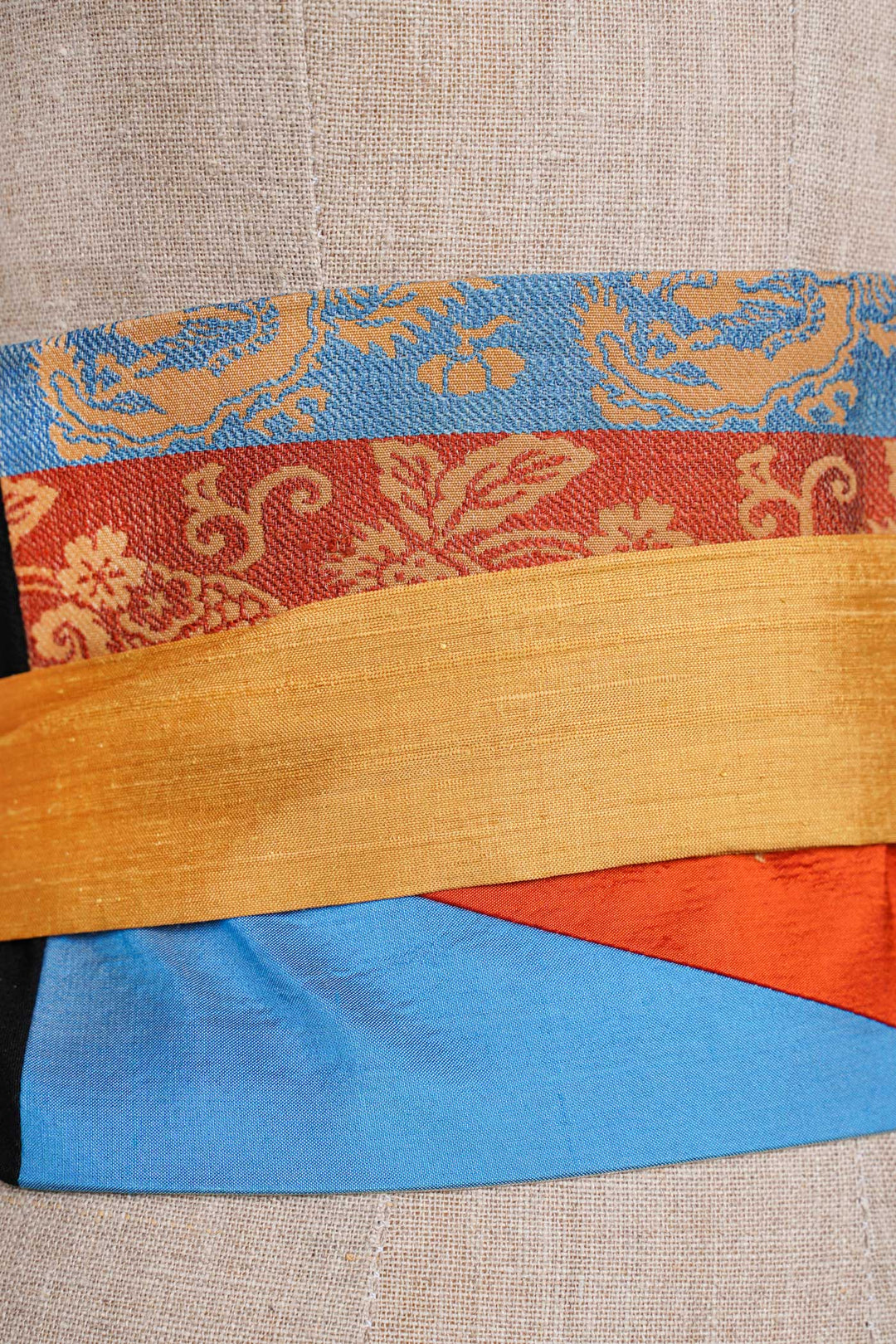 Reversible Tapered Silk Belt With Multiple Fabrics