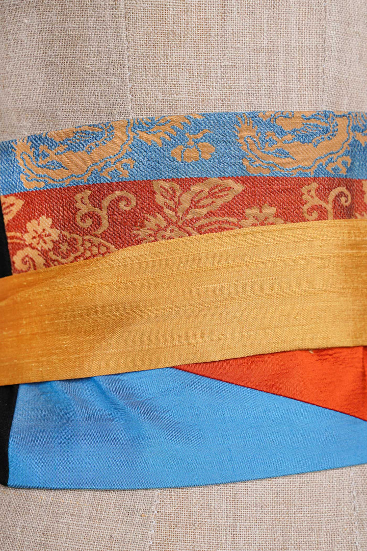Reversible Tapered Silk Belt With Multiple Fabrics
