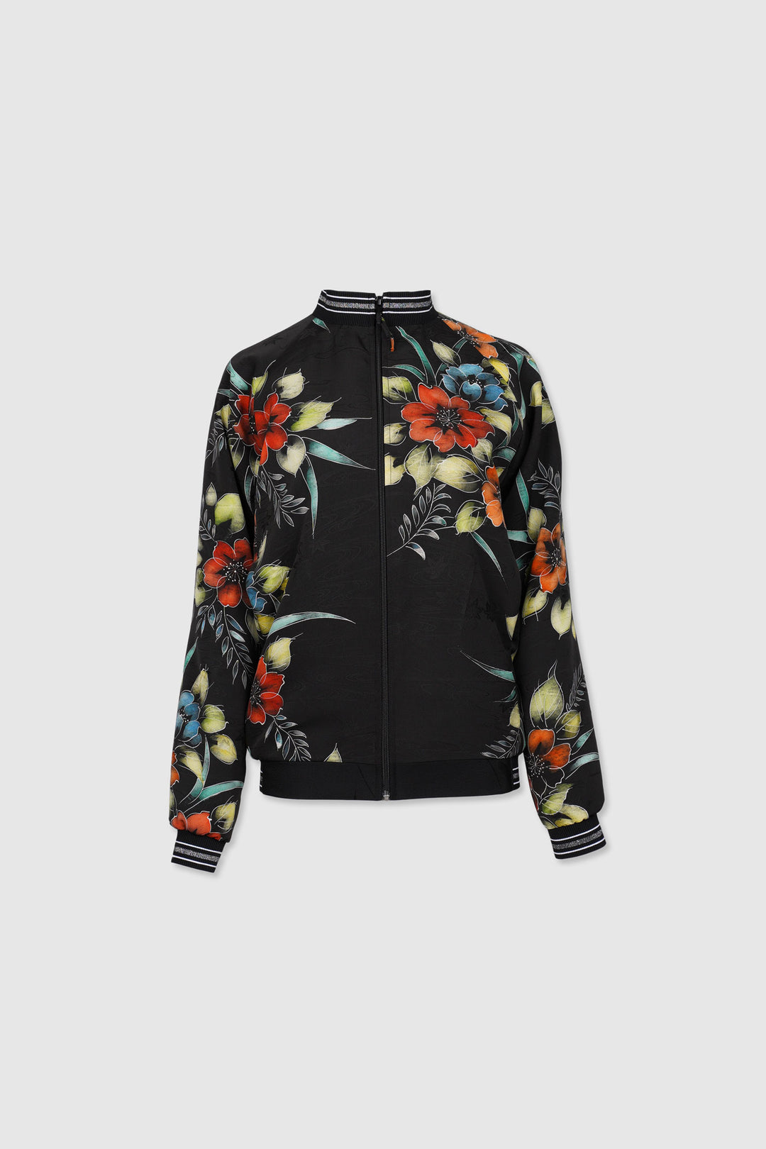 Silk Bomber Jacket with Floral Designs