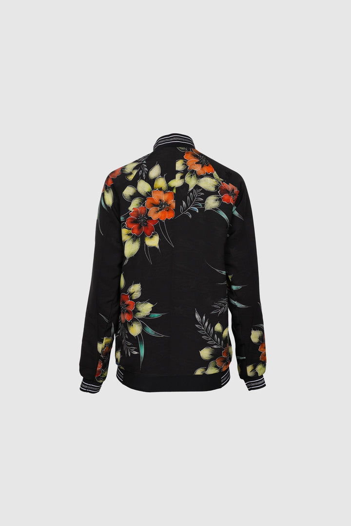 Silk Bomber Jacket with Floral Designs