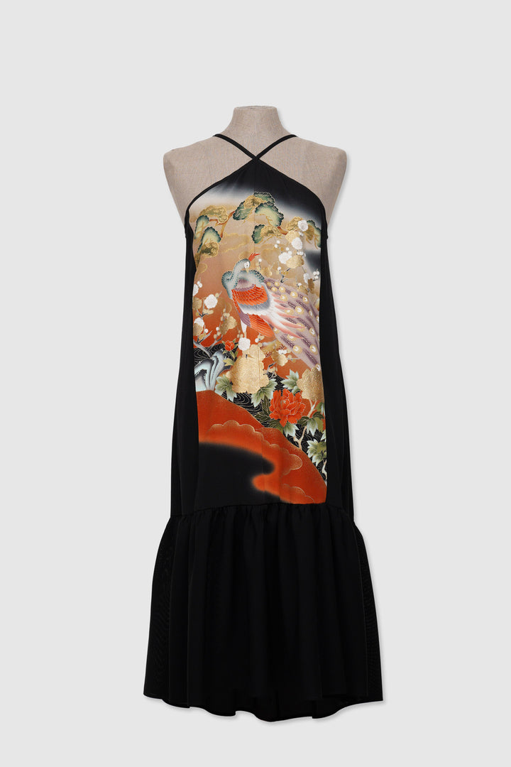 Silk Shift Dress with Peacock and Rich Symbols