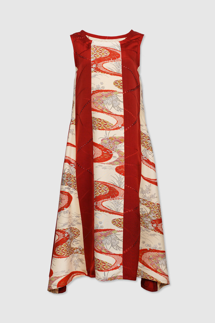Sleeveless A-Line Silk Dress with Floral Panels Designs