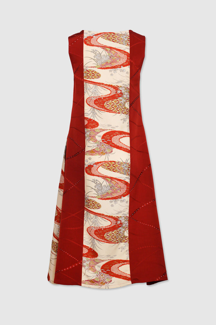 Sleeveless A-Line Silk Dress with Floral Panels Designs