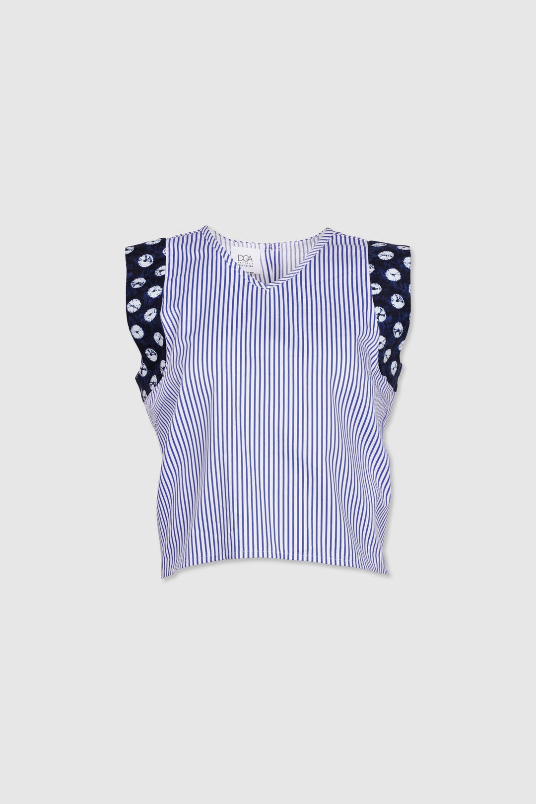Sleeveless White and Blue Striped Cotton Top with Patterned Arm-Holes