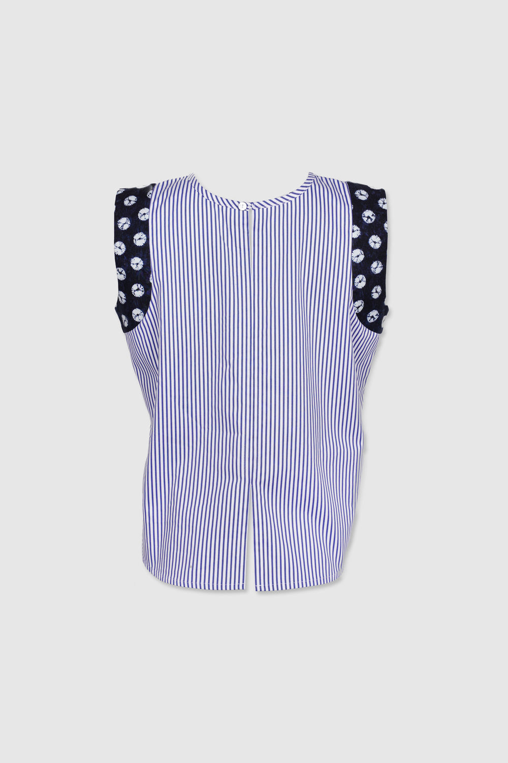 Sleeveless White and Blue Striped Cotton Top with Patterned Arm-Holes