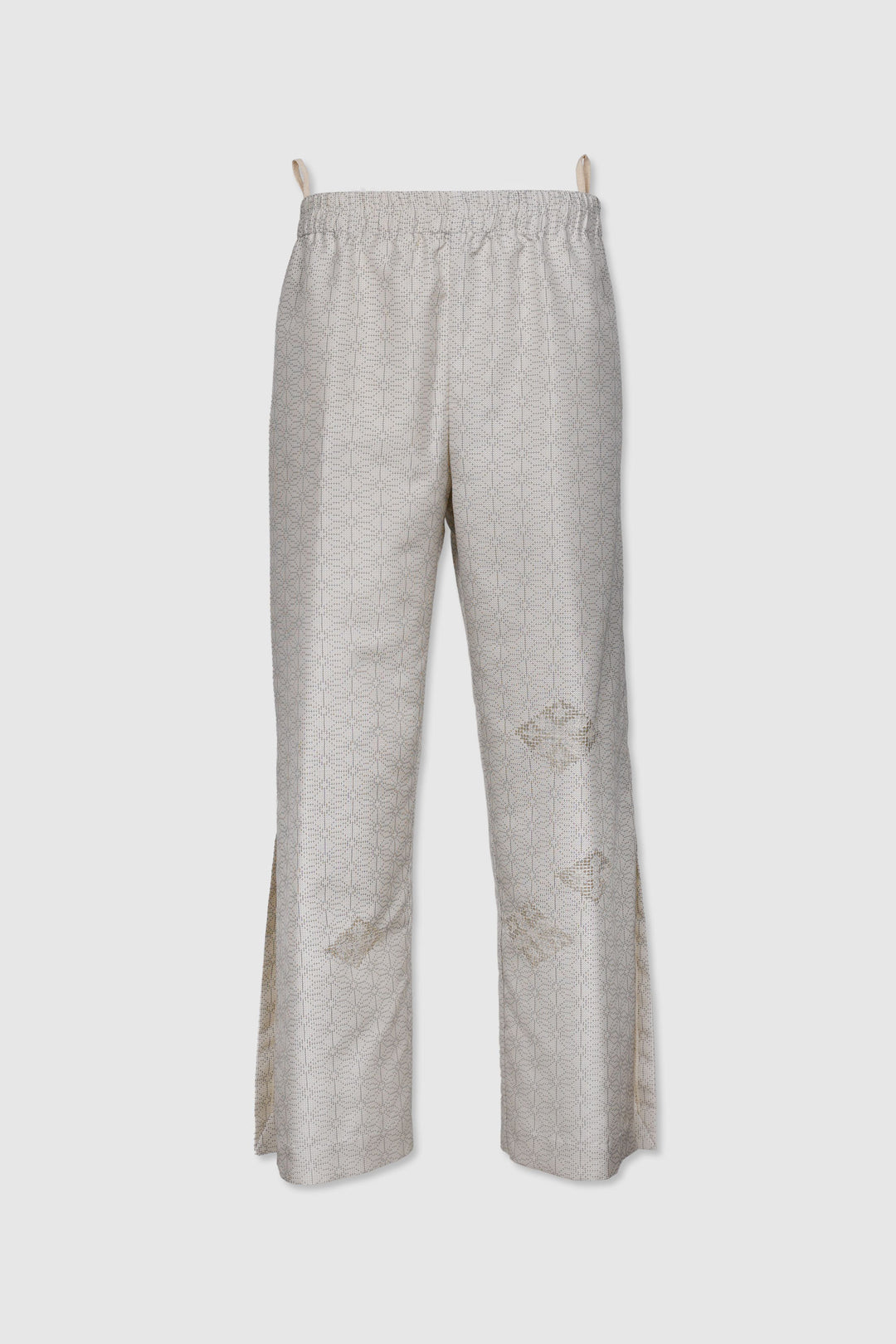 Straight-Cut Silk Pants with Subtle Geometric Design and Delicate Details