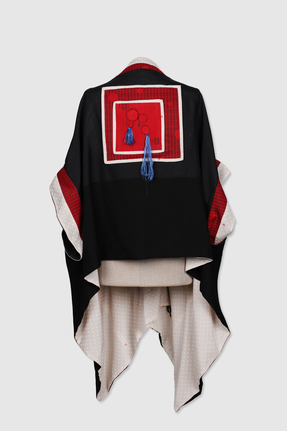 Unique Reversible Silk Jacket with Appliqué Patchwork Pockets and Fine Tassels