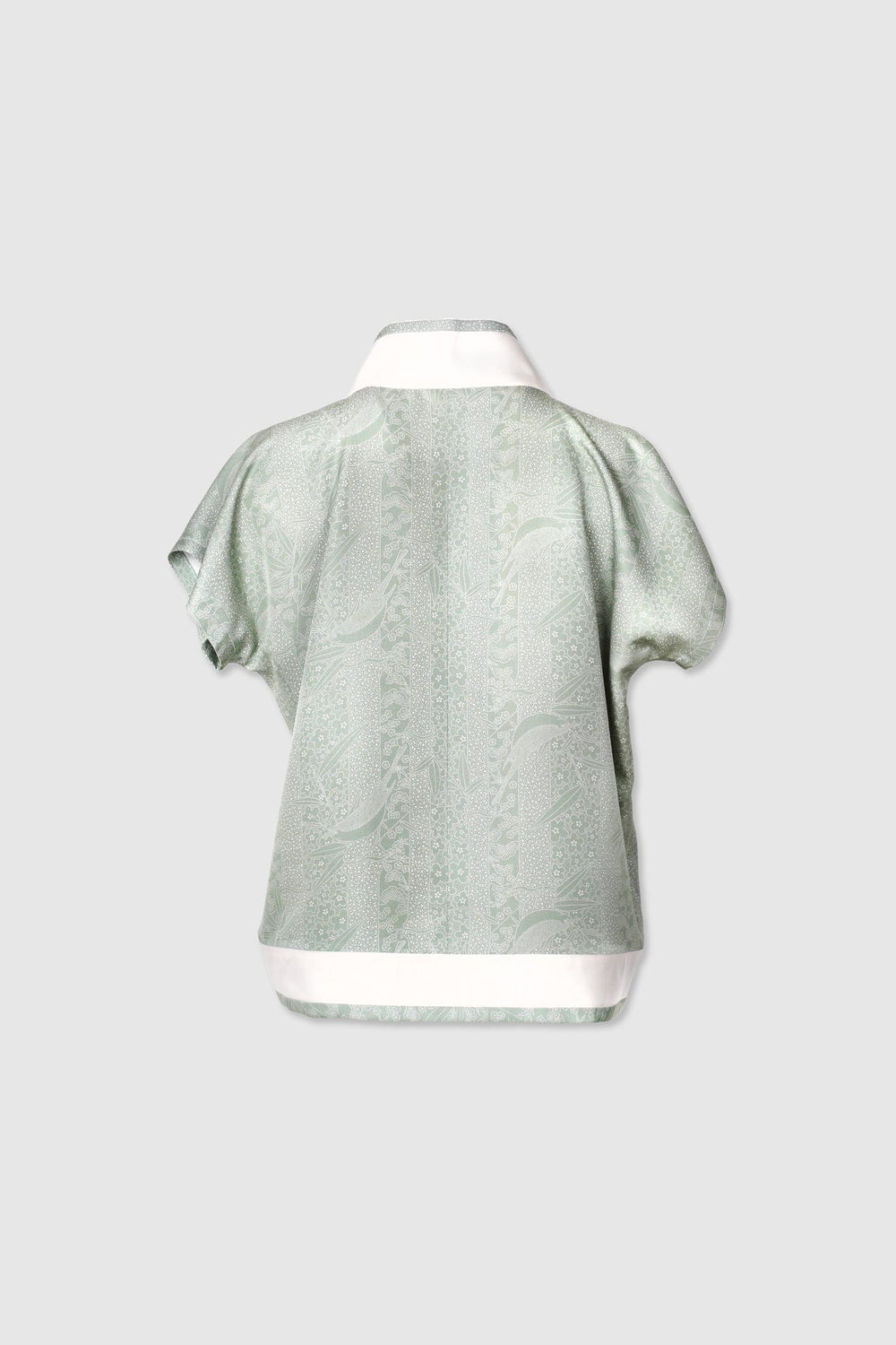 V-Neck Light Sage Green Patterned Silk Blouse with Off-White Lapel and Trimming
