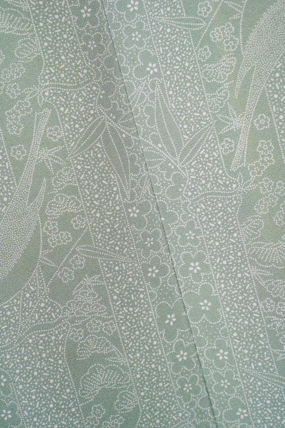 V-Neck Light Sage Green Patterned Silk Blouse with Off-White Lapel and Trimming