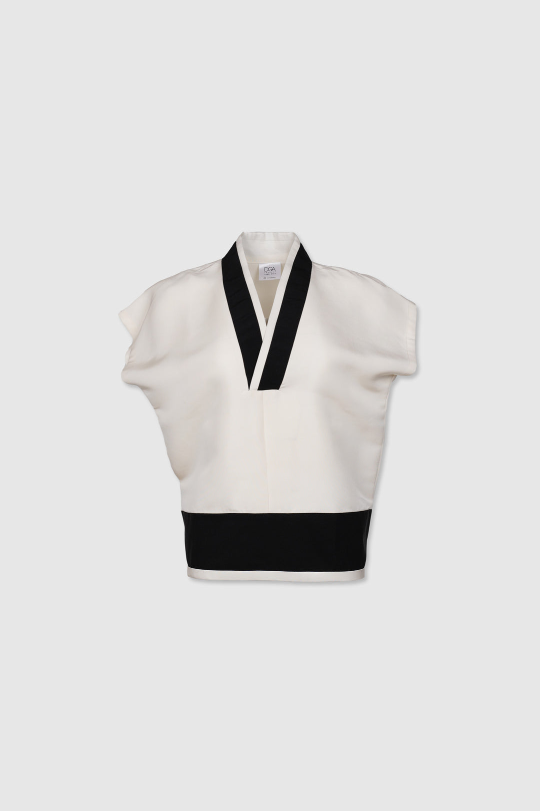 V-Neck Off-White Silk Blouse with Black Lapel and Hand-Painted Motifs