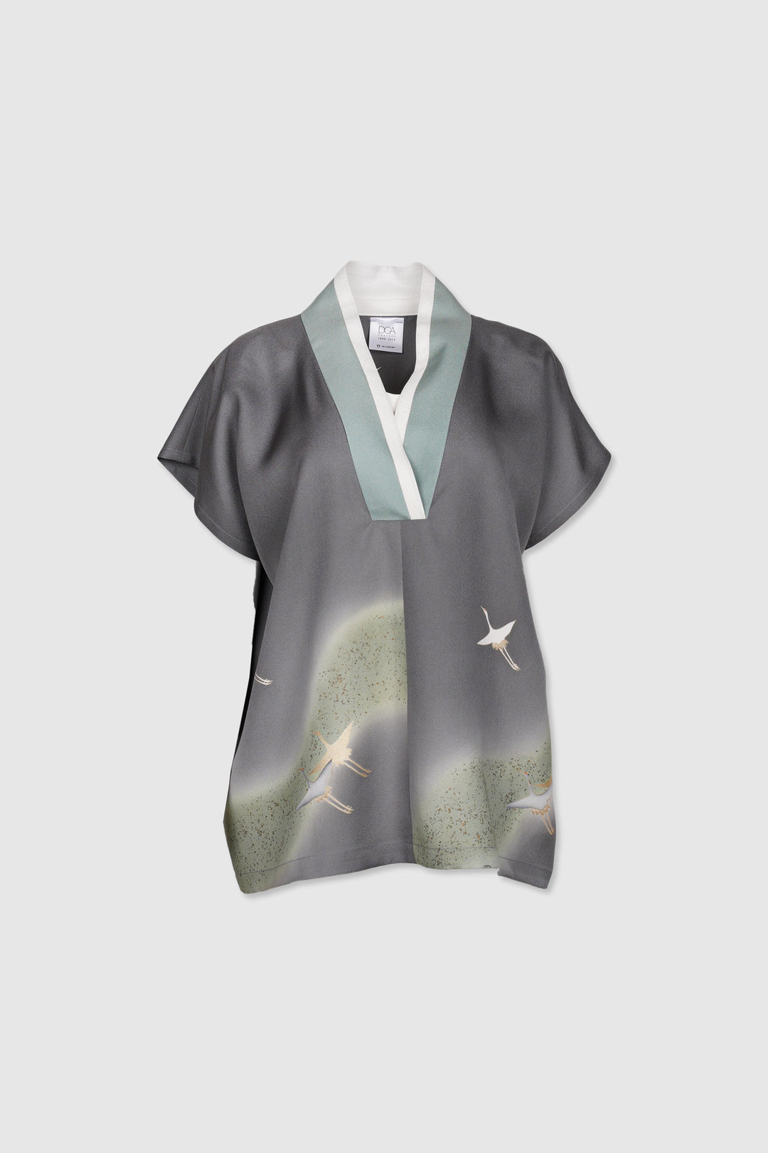 V-Neck Silk Blouse with Subtle Traditional Design of Flying Cranes