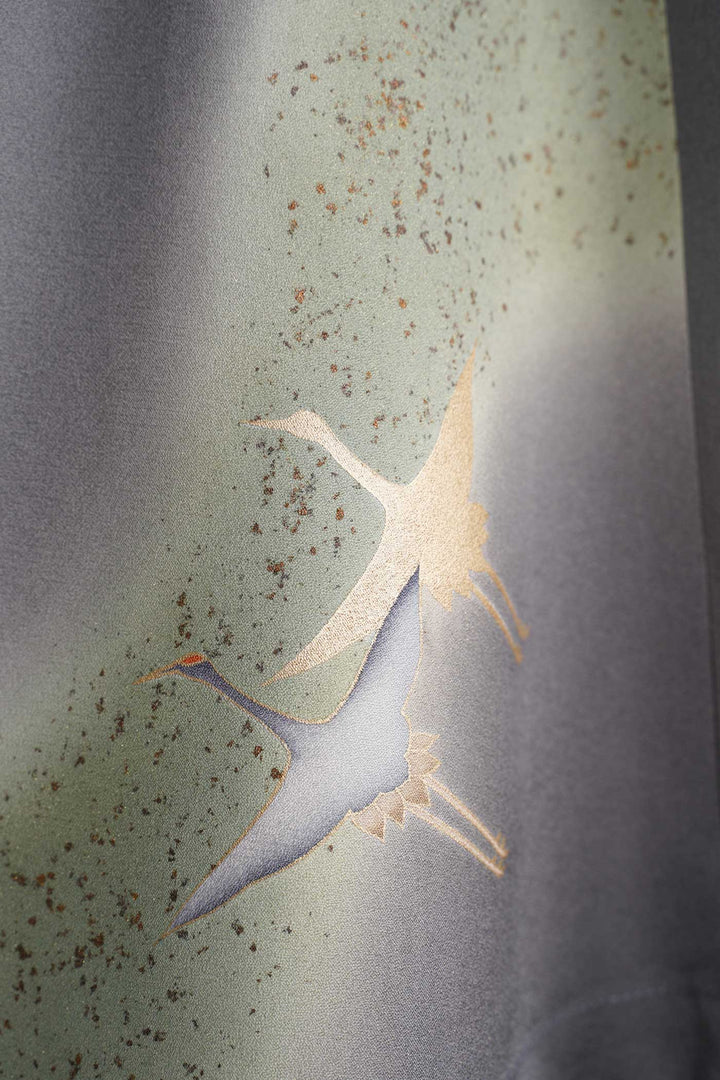 V-Neck Silk Blouse with Subtle Traditional Design of Flying Cranes