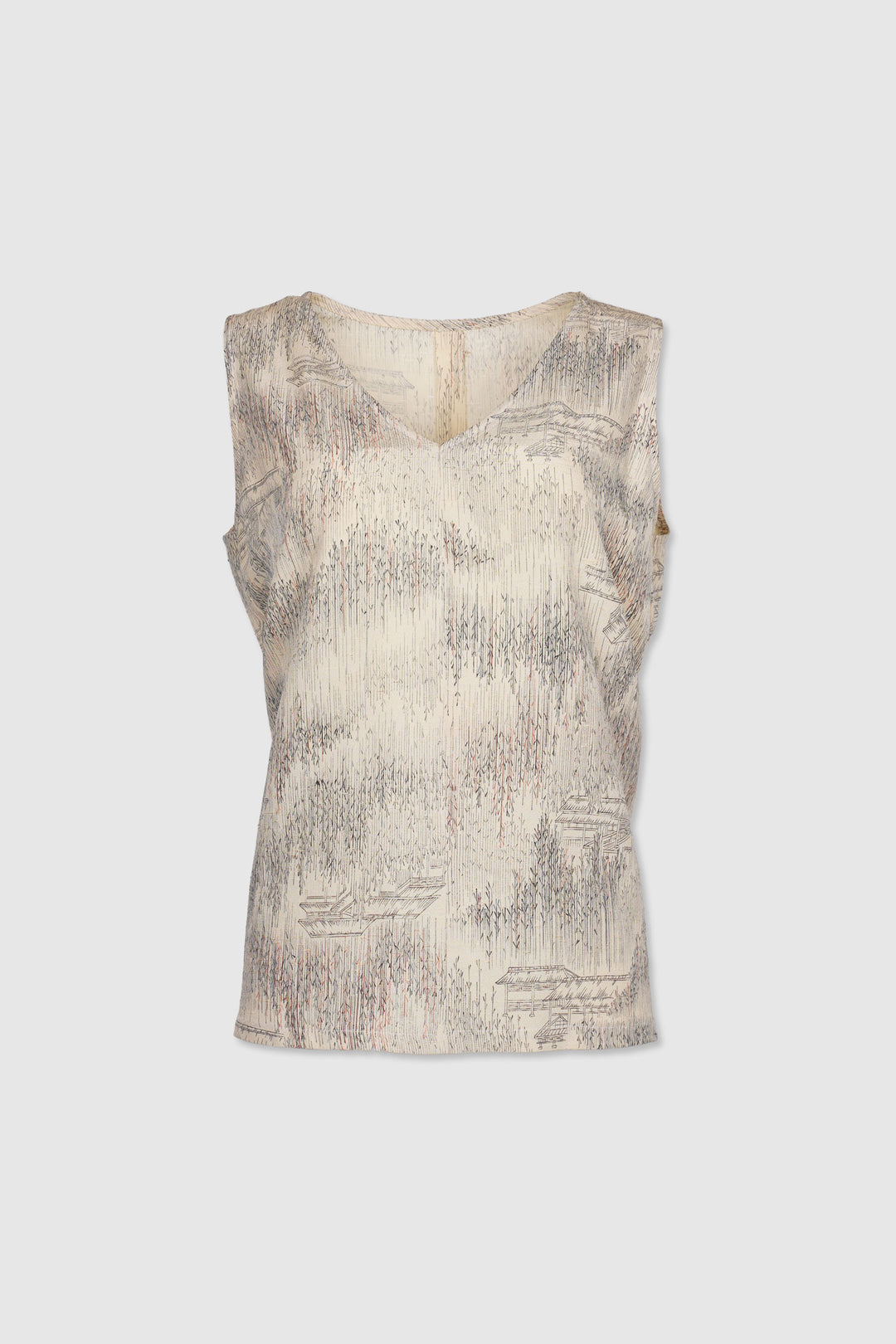 V-Neck Sleeveless Flare Silk Top with Traditional Japanese Motifs