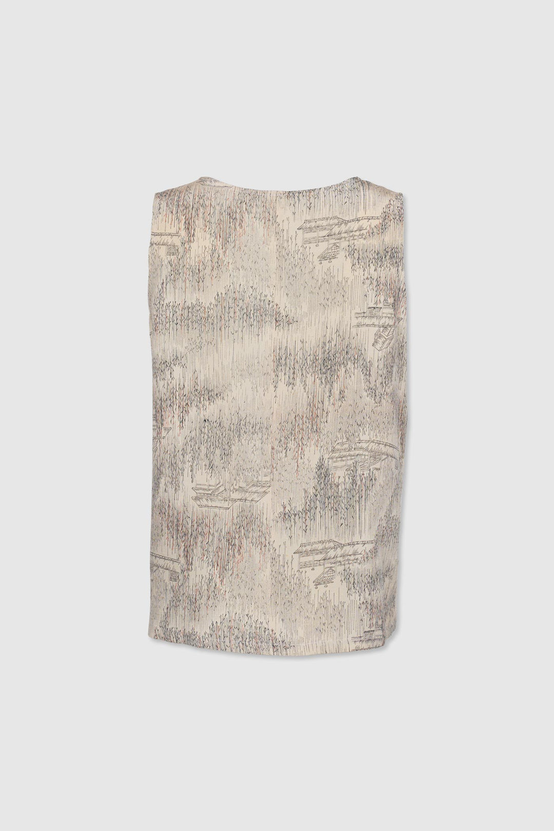 V-Neck Sleeveless Flare Silk Top with Traditional Japanese Motifs